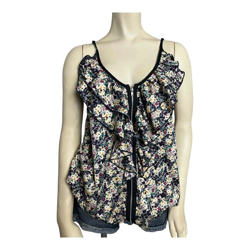 Mark. Womens Black Floral Satin Ruffle Zip Up Spaghetti Tank Cami Tops Small